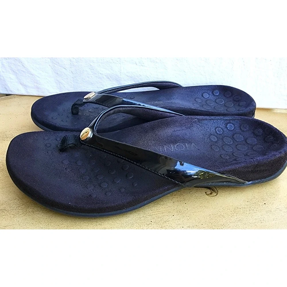 Vionic US 9 Black Leather Flip Flop Sandals Arch Support Minimalist Comfy‎